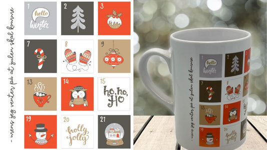 Tell ned til jul med et adventskrus. Kruset har trykk med 24 grafiske motiver og tall