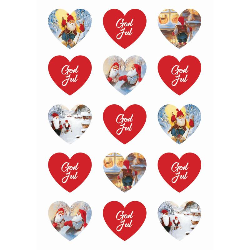 Stickers julemerker i hjerter med julenisser og teksten god jul. Pynt julekortene eller julepakkene med dekorative jule-stickers.