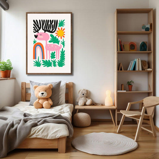 Denne plakaten viser en søt elg med et regnbuemotiv, omgitt av grønne blader og en strålende sol. Illustrasjon viser plakat i ramme.