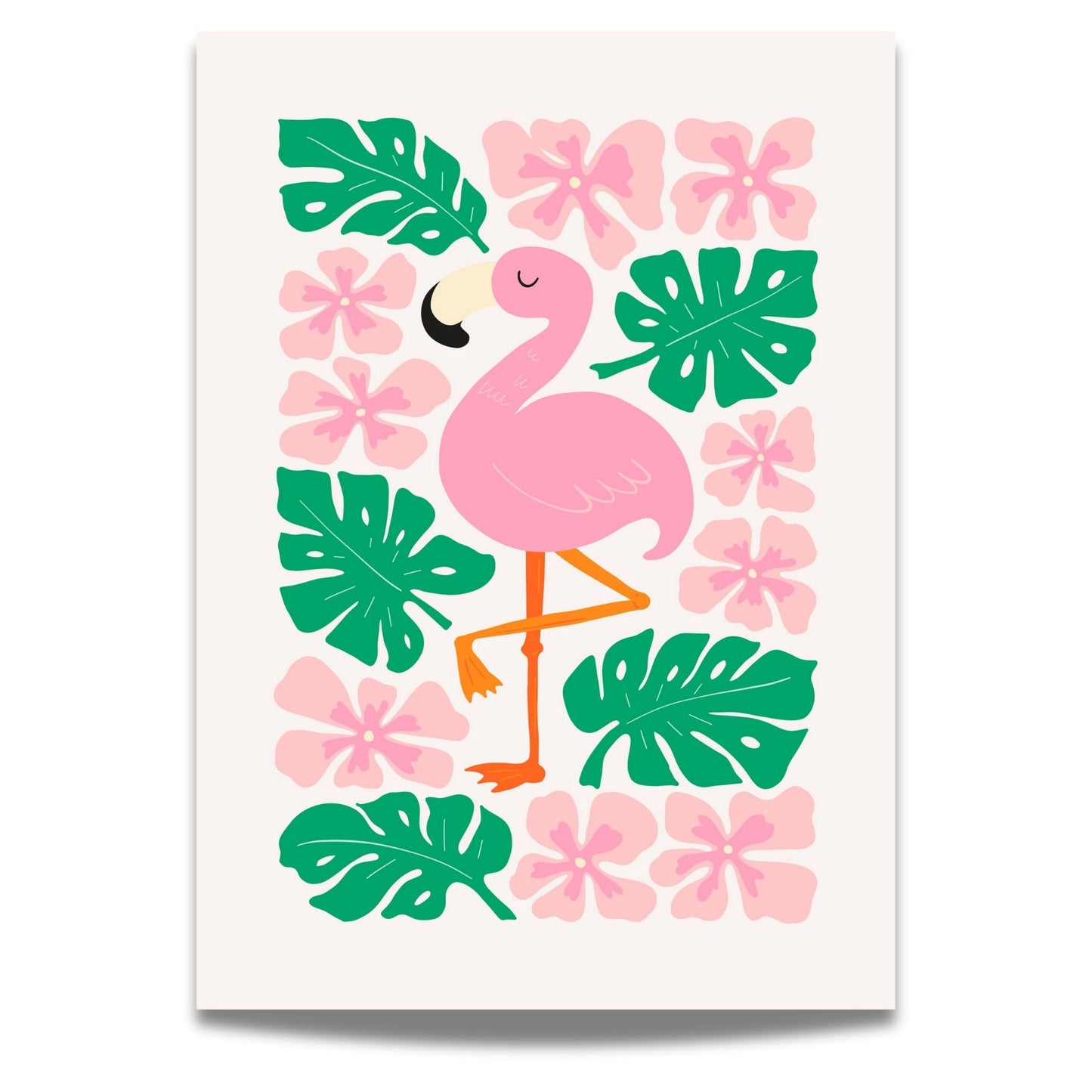 "Rosa Flamingo Plakat" bringer en tropisk atmosfære til barnerommet med sin søte flamingo omgitt av rosa og grønne planter.
