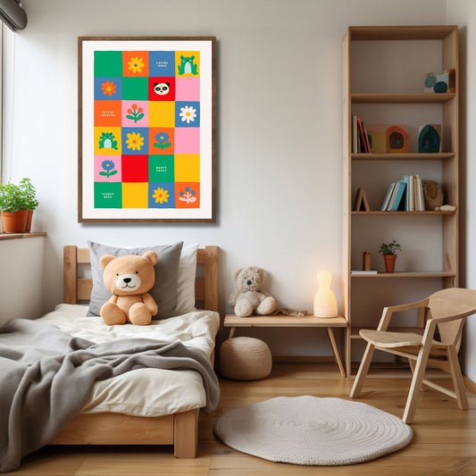 Denne plakaten viser en collage av søte dyremotiver og blomster, designet for å fange barnas fantasi og skape en morsom atmosfære. illustrasjon viser plakat i ramme.