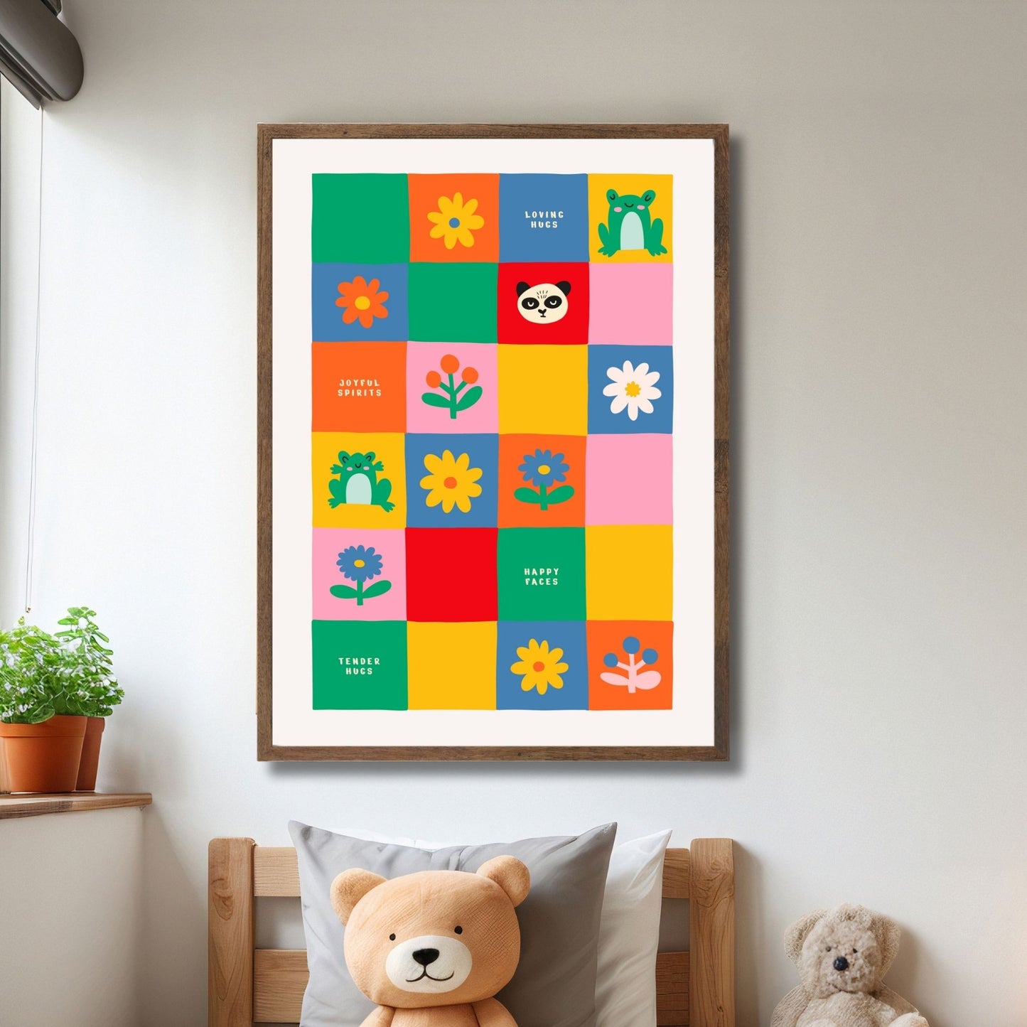 Denne plakaten viser en collage av søte dyremotiver og blomster, designet for å fange barnas fantasi og skape en morsom atmosfære. illustrasjon viser plakat i ramme.