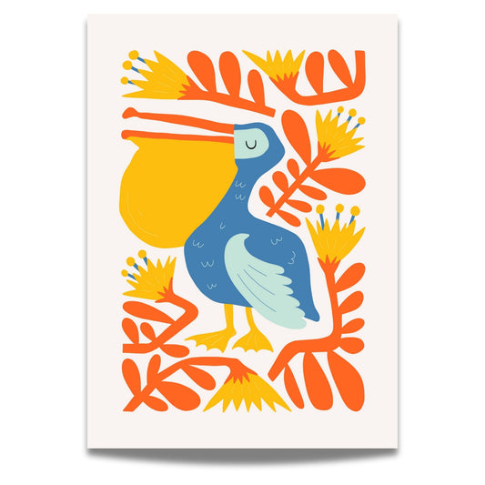 "Blå Pelikan Plakat" tar deg med til tropiske omgivelser med sin vakre, blå pelikan omringet av oransje og gule blader.