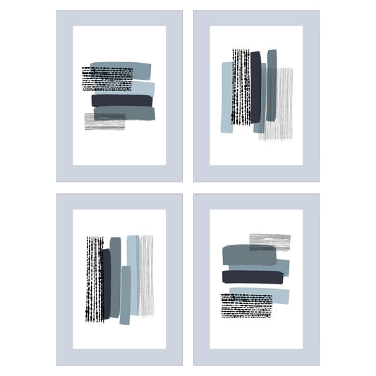 Grafiske plakater i abstrakt stripete mønster i blått og grått på hvit bakgrunn. Plakatene har en grå kant som gir dybde og fremhever motivet.