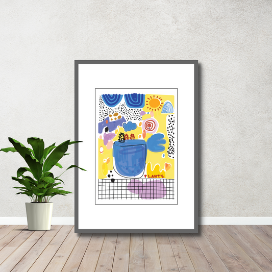 Grafisk kunst med abstrakt, multifarget mønster. Lilla, gul, blå, hvit, oransje og sort. Bildet viser plakaten i miljø.