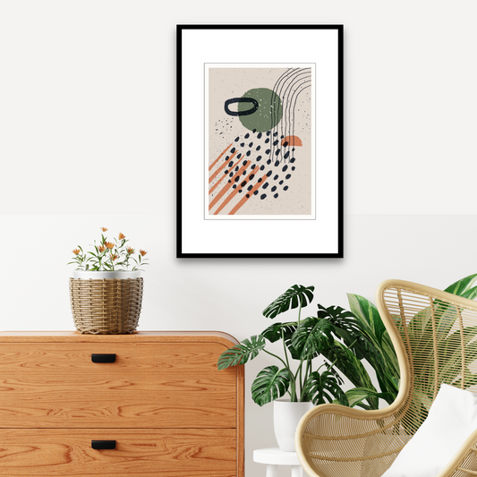 Grafisk kunst med abstrakt mønster. Fargenyanser i sort, rust, grønn og beige.