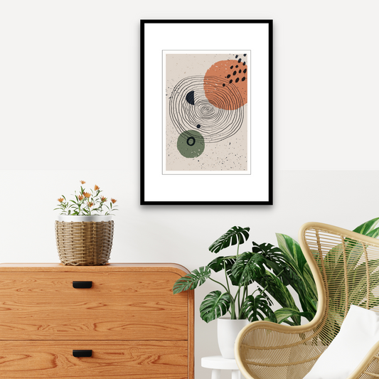 Grafisk kunst med abstrakt mønster. Fargenyanser i sort, rust, grønn og beige.