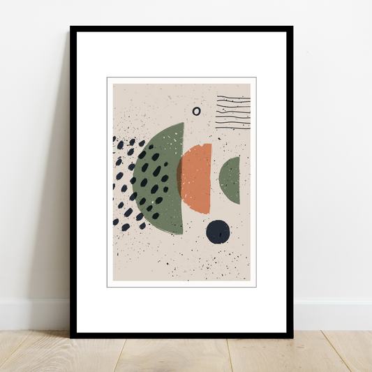 Grafisk kunst med abstrakt mønster. Fargenyanser i sort, rust, grønn og beige.