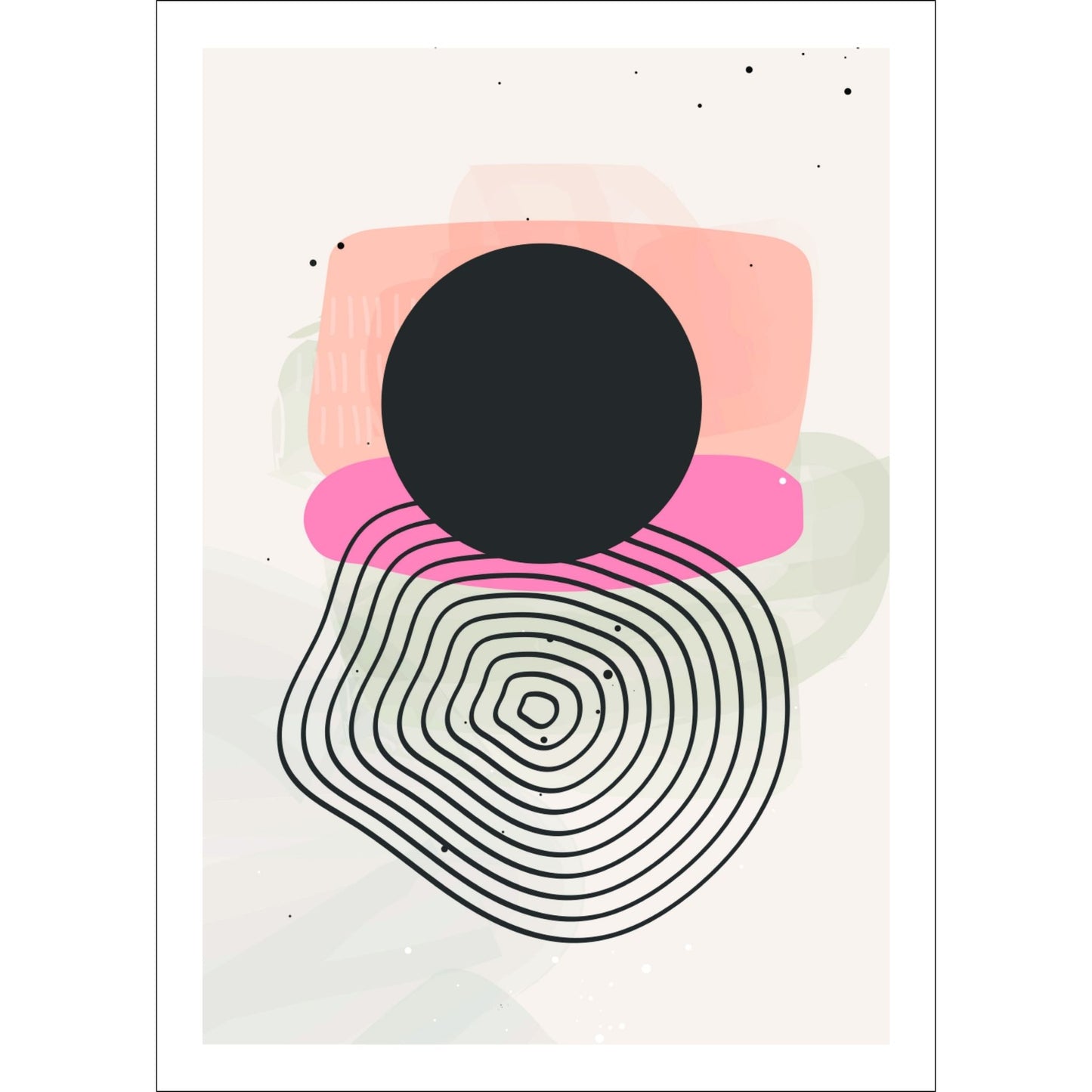 Dette kunstverket kombinerer minimalistiske linjer og geometriske former i en subtil, men likevel kraftfull fargepalett.