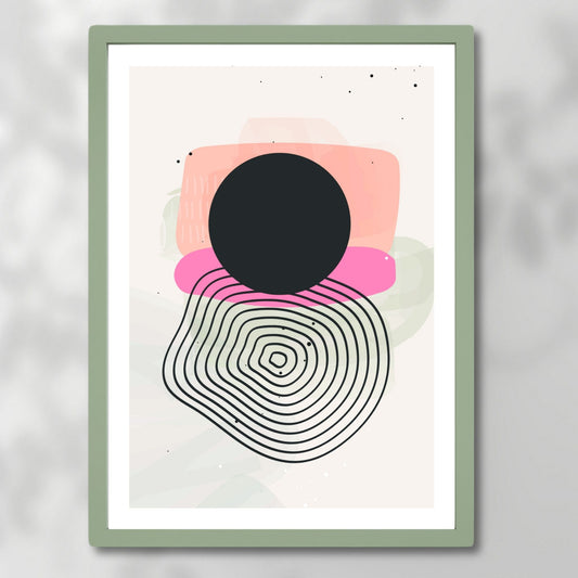 Dette kunstverket kjennetegnes av geometriske former og myke fargetoner. Illustrasjonsfoto viser motivet som plakat i ramme.