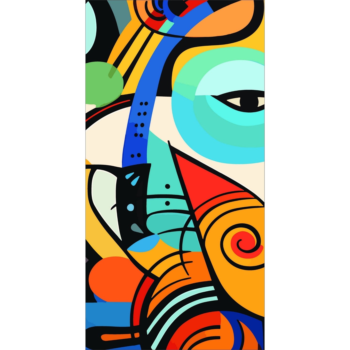 Dette unike kunstverket består av tre sammenhengende lerretspaneler som til sammen danner et imponerende motiv av to ansikter med et fargerikt bakteppe på hele 150 x 100 cm. Motiv 1 av 3