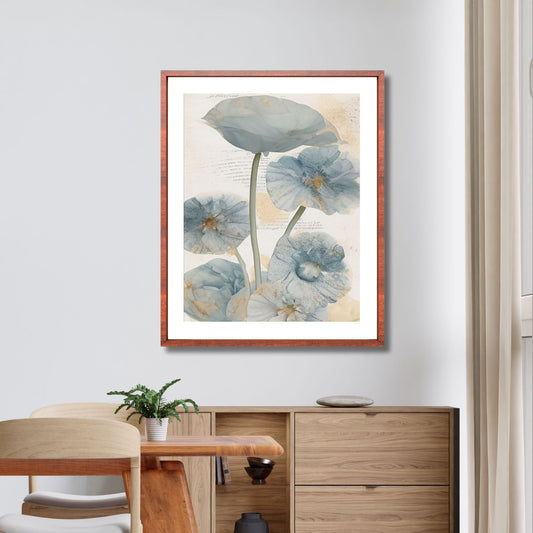 Abstract Floral grafisk akvarell i duse fargenyanser i brunt, blått og beige. Plakaten har en hvit, dekorativ kant. Illustrasjon viser plakat som henger i en ramme over et skap.