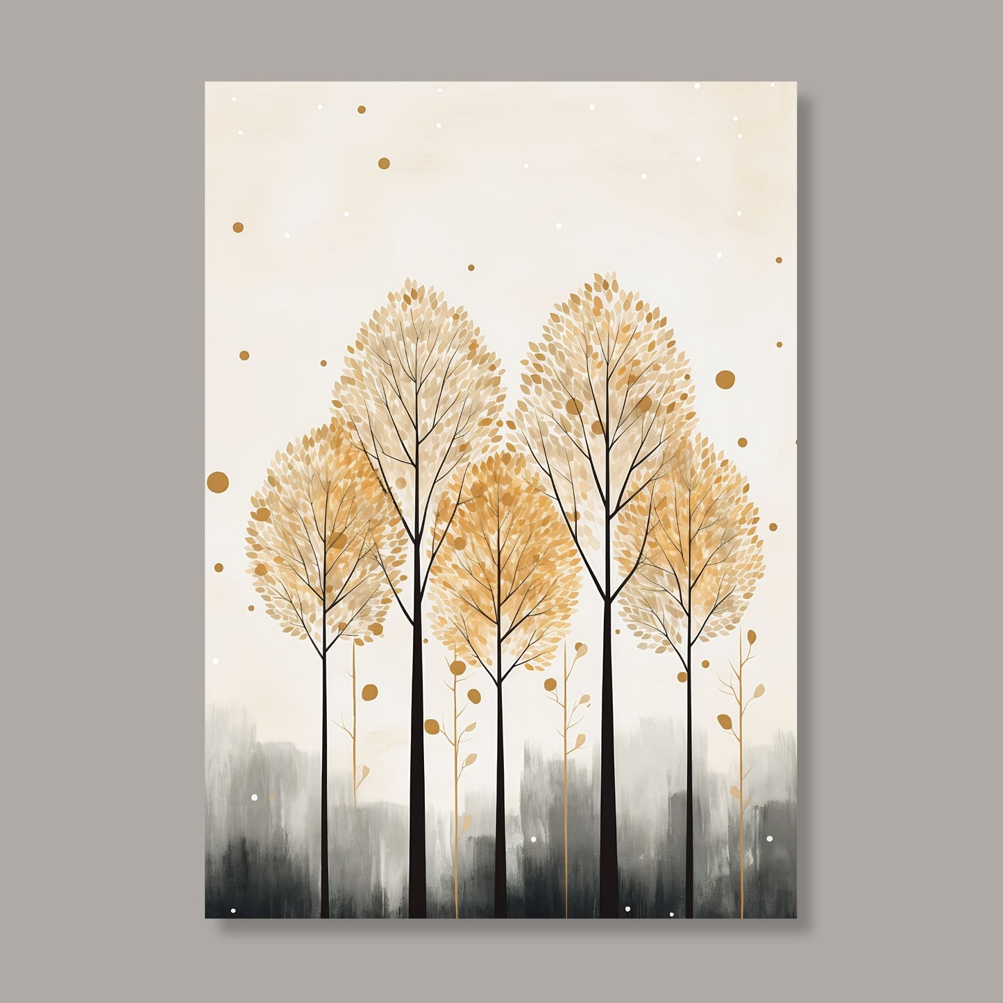 Abstract Forest - grafisk og abstrakt motiv av høye, slanke trær og skog i rust- og beige fargetoner. Illustrasjon av motiv på lerret.