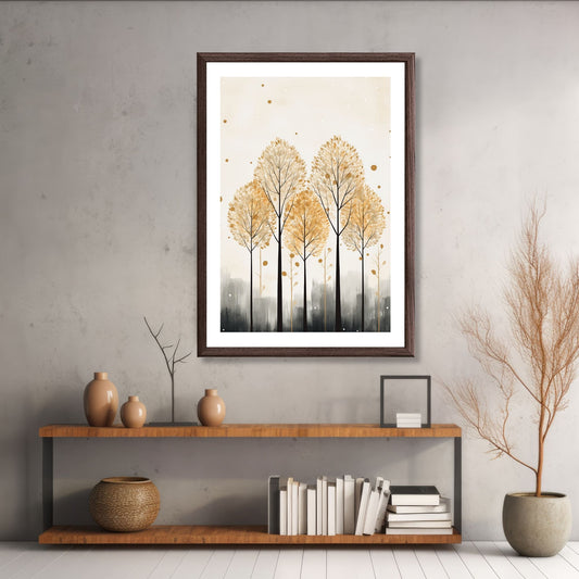 Abstract Forest - grafisk og abstrakt motiv av høye, slanke trær og skog i rust- og beige fargetoner. Illustrasjon av motiv i brun ramme.