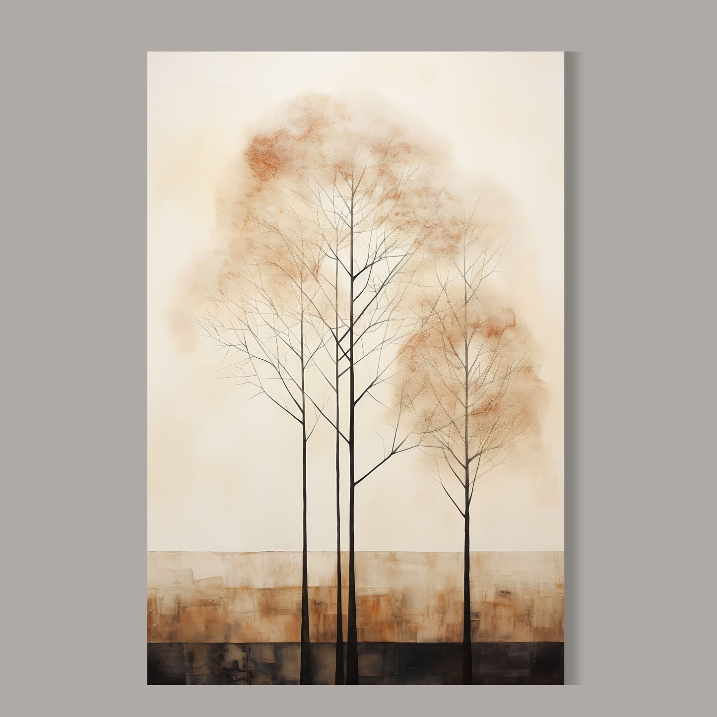 Abstract Forest - grafisk og abstrakt motiv av høye, slanke trær og skog i rust- og beige fargetoner. Illustrasjon av motiv på lerret.