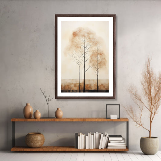 Abstract Forest - grafisk og abstrakt motiv av høye, slanke trær og skog i rust- og beige fargetoner. Illustrasjon av motiv i brun ramme.