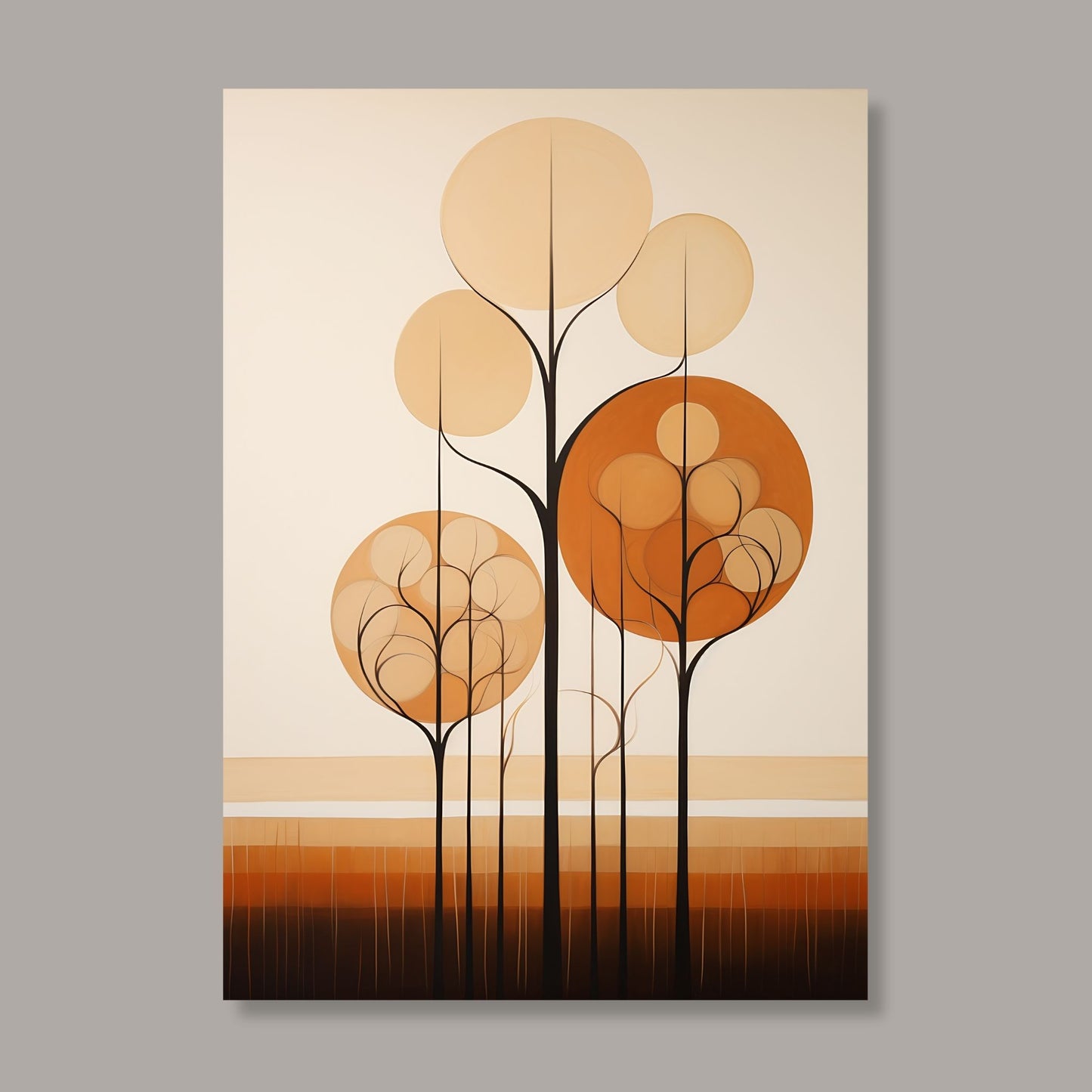 Abstract Forest - grafisk og abstrakt motiv av høye, slanke trær og skog i rust- og beige fargetoner. Illustrasjon av motiv på lerret.