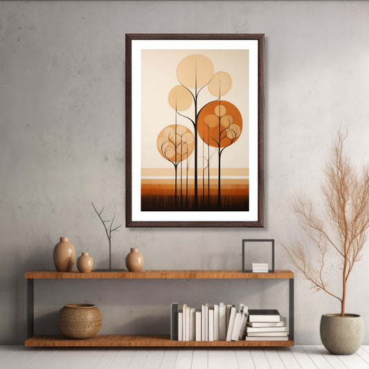 Abstract Forest - grafisk og abstrakt motiv av høye, slanke trær og skog i rust- og beige fargetoner. Illustrasjon av motiv i brun ramme.