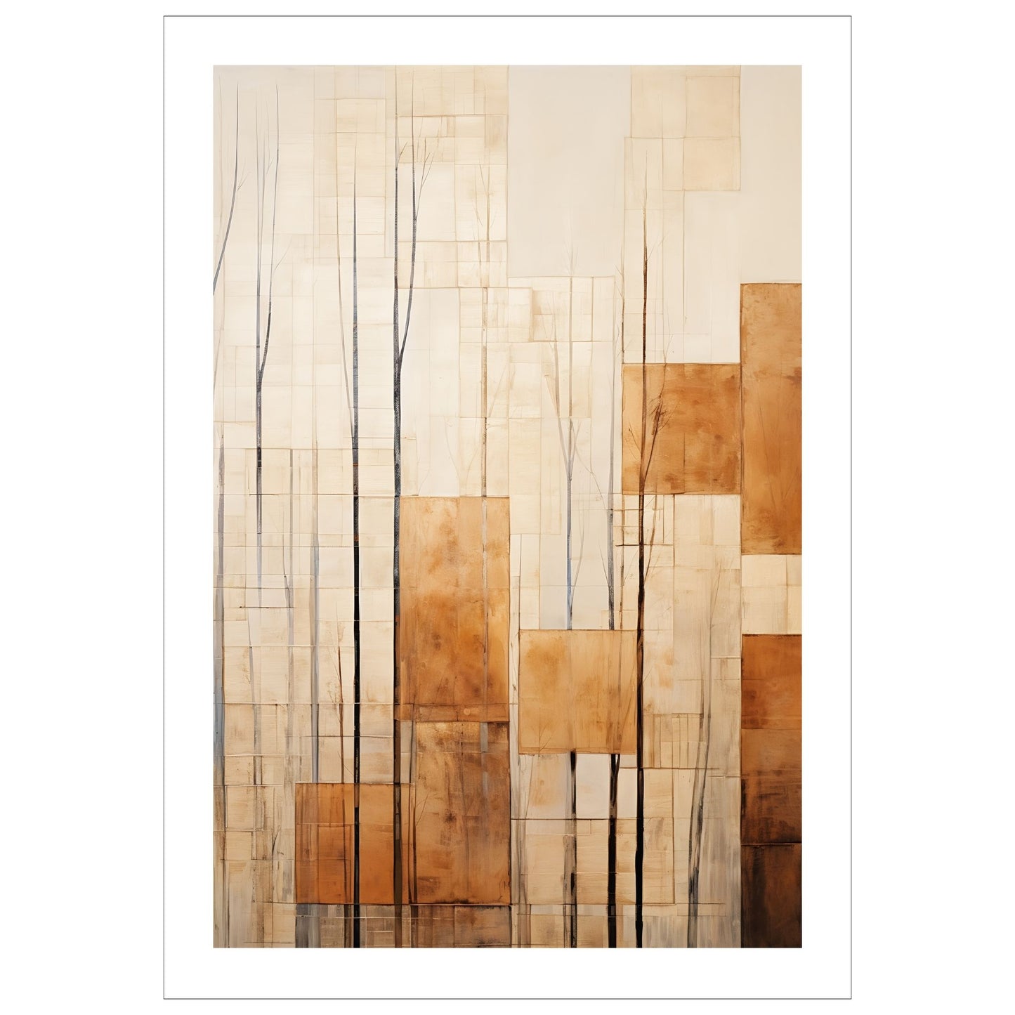 Abstract Forest - grafisk og abstrakt motiv av høye, slanke trær og skog i rust- og beige fargetoner.
