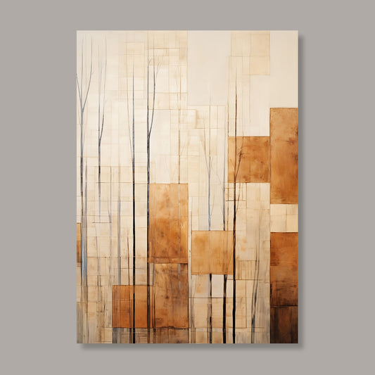 Abstract Forest - grafisk og abstrakt motiv av høye, slanke trær og skog i rust- og beige fargetoner. Illustrasjon av motiv på lerret.