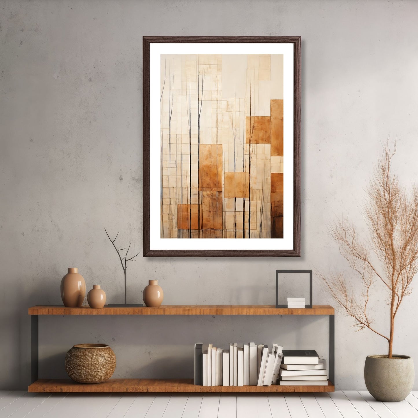 Abstract Forest - grafisk og abstrakt motiv av høye, slanke trær og skog i rust- og beige fargetoner. Illustrasjon av motiv i brun ramme.