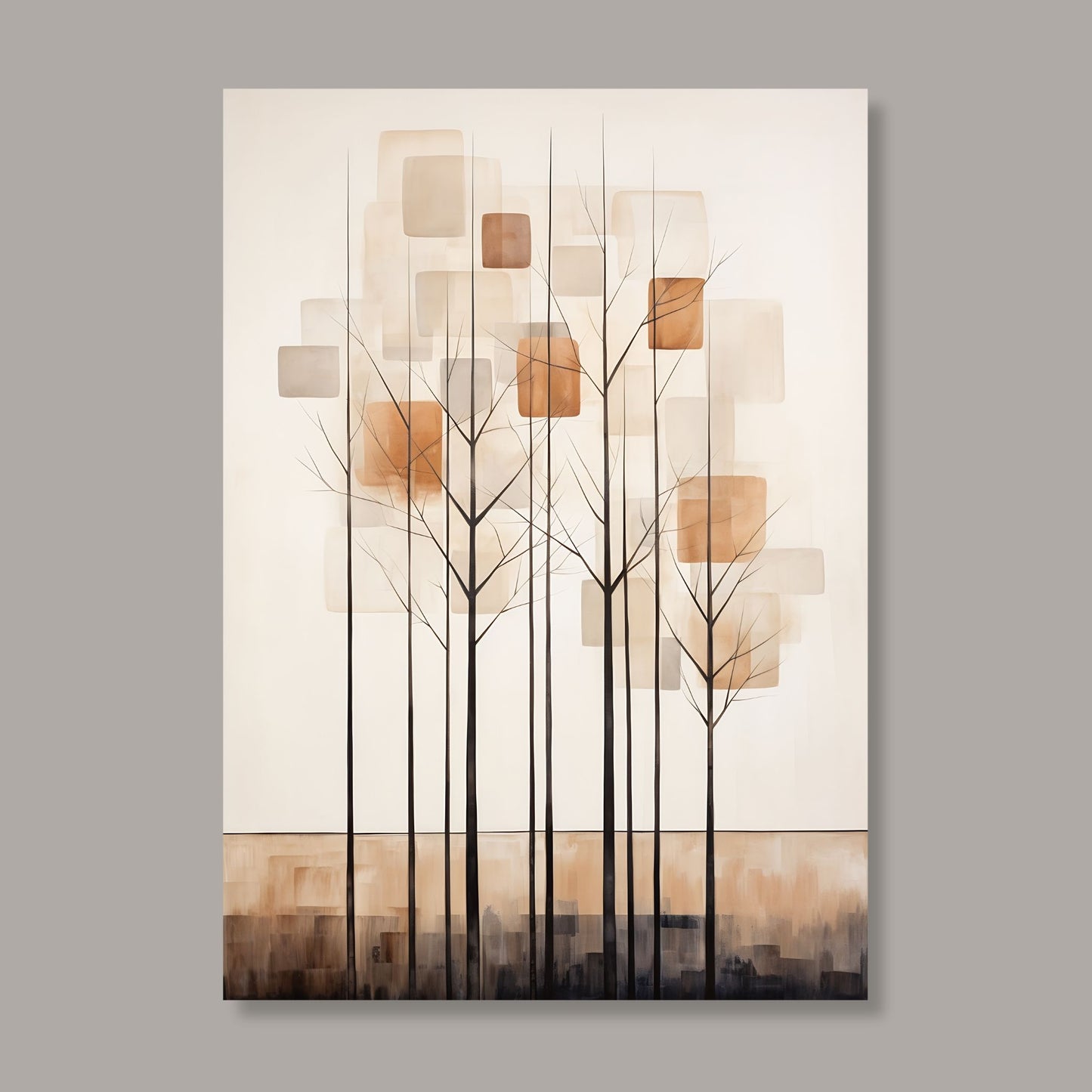 Abstract Forest - grafisk og abstrakt motiv av høye, slanke trær og skog i rust- og beige fargetoner. Illustrasjon av motiv på lerret.
