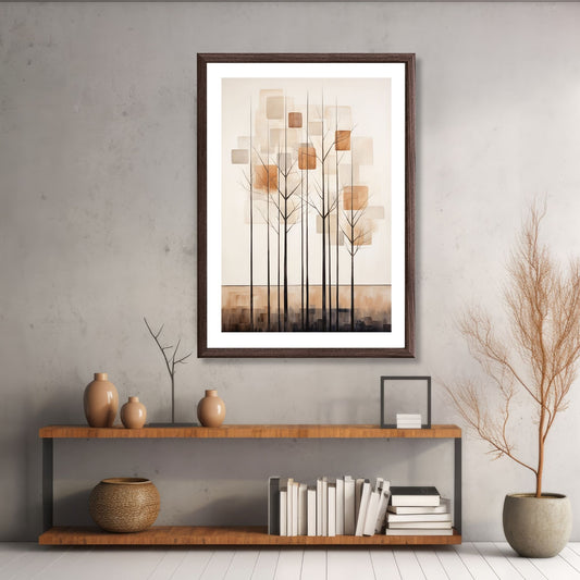 Abstract Forest - grafisk og abstrakt motiv av høye, slanke trær og skog i rust- og beige fargetoner. Illustrasjon av motiv i brun ramme.