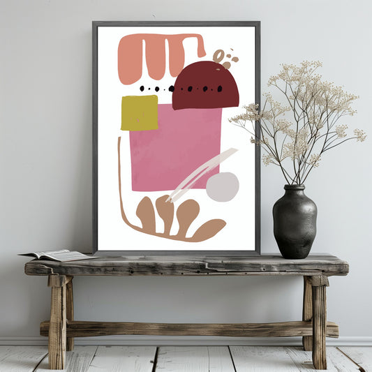 «Abstract Organic" plakatserie med 10 ulike motiv å velge mellom, bringer en følelse av ro og naturlig eleganse til ethvert rom. Hvert motiv i serie er utformet med organisk inspirasjon og hovedfargene burgunder, beige, brun, oker og sort. Illustrasjonen viser plakat i grå ramme.