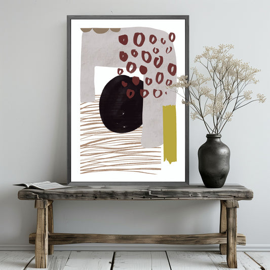 «Abstract Organic" plakatserie med 10 ulike motiv å velge mellom, bringer en følelse av ro og naturlig eleganse til ethvert rom. Hvert motiv i serie er utformet med organisk inspirasjon og hovedfargene burgunder, beige, brun, oker og sort. Illustrasjonen viser plakat i grå ramme.
