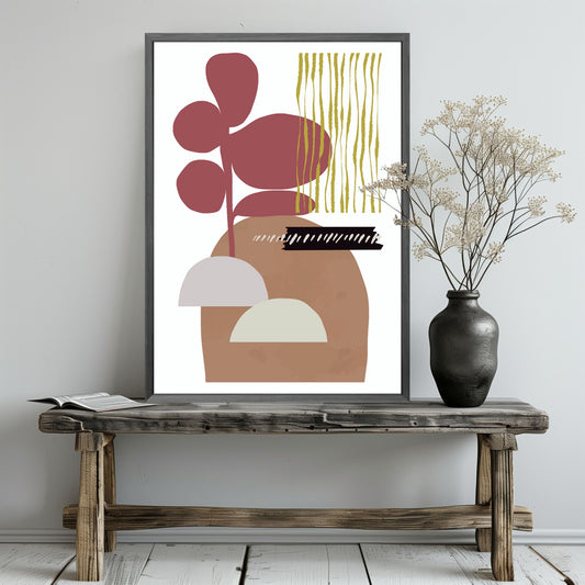 «Abstract Organic" plakatserie med 10 ulike motiv å velge mellom, bringer en følelse av ro og naturlig eleganse til ethvert rom. Hvert motiv i serie er utformet med organisk inspirasjon og hovedfargene burgunder, beige, brun, oker og sort. Illustrasjonen viser plakat i grå ramme.