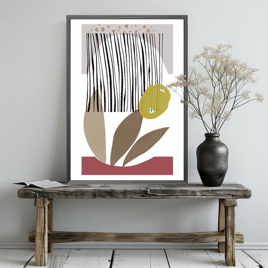 «Abstract Organic" plakatserie med 10 ulike motiv å velge mellom, bringer en følelse av ro og naturlig eleganse til ethvert rom. Hvert motiv i serie er utformet med organisk inspirasjon og hovedfargene burgunder, beige, brun, oker og sort. Illustrasjonen viser plakat i grå ramme.
