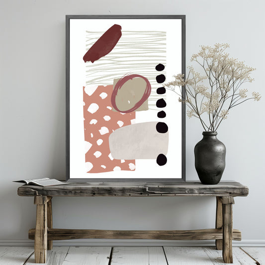 «Abstract Organic" plakatserie med 10 ulike motiv å velge mellom, bringer en følelse av ro og naturlig eleganse til ethvert rom. Hvert motiv i serie er utformet med organisk inspirasjon og hovedfargene burgunder, beige, brun, oker og sort. Illustrasjonen viser plakat i grå ramme.