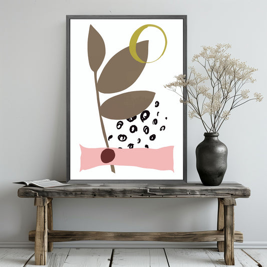 «Abstract Organic" plakatserie med 10 ulike motiv å velge mellom, bringer en følelse av ro og naturlig eleganse til ethvert rom. Hvert motiv i serie er utformet med organisk inspirasjon og hovedfargene burgunder, beige, brun, oker og sort. Illustrasjonen viser plakat i grå ramme.