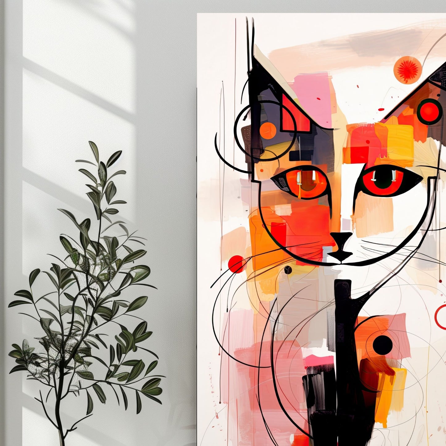 Dette kunstmaleriet viser en katt i en dynamisk fargekombinasjon av svart, gult, rødt og grått på en elegant beige bakgrunn. Illustrasjonsfot viser lerretsmotivet på en vegg.
