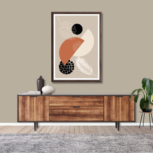 Abstract Shapes No1.1 i sort, beige, rust og hvite fargenyanser. Plakat har en hvit kant om gir dybde og fremhever motivet. Illustrasjon som viser motiv i brun ramme.