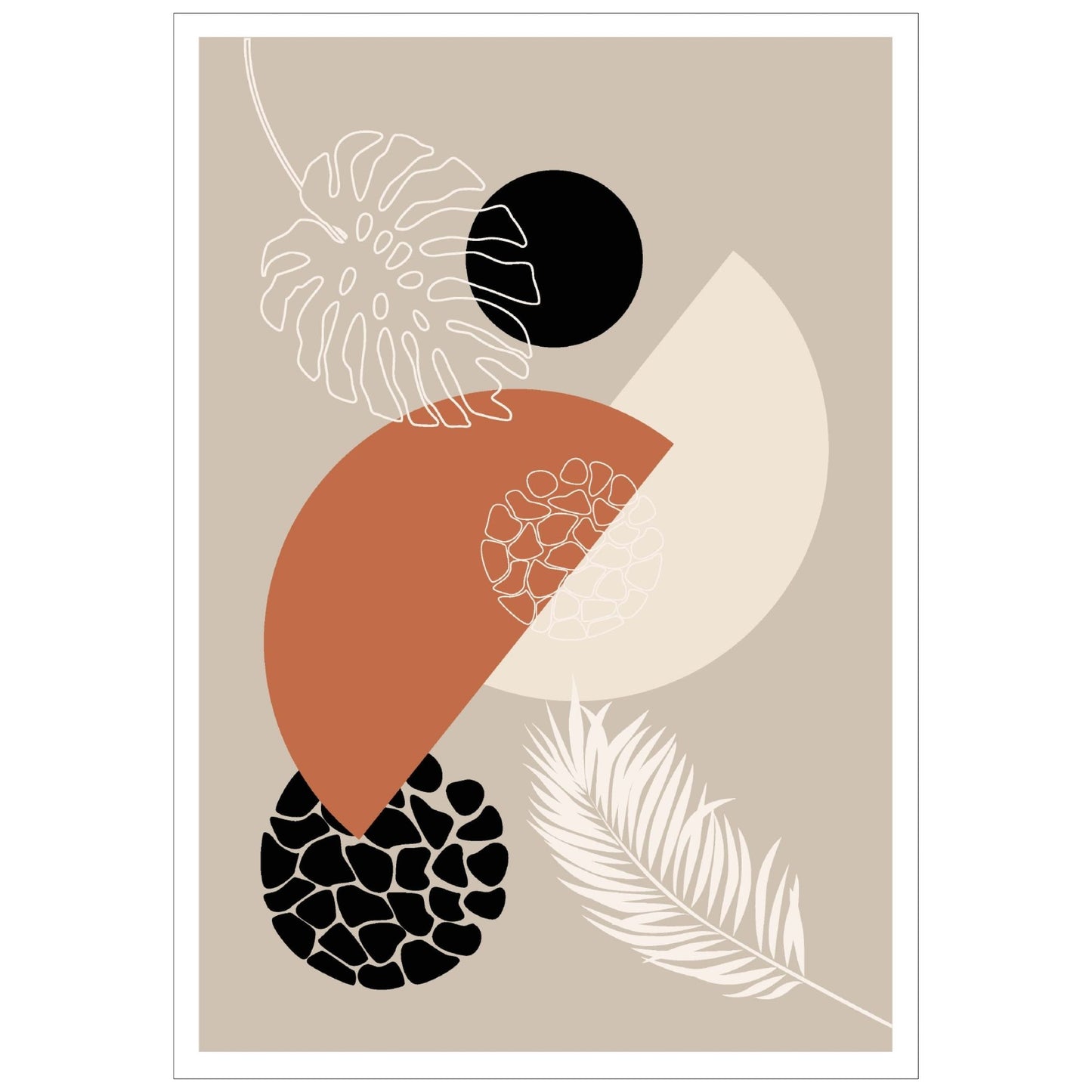 Abstract Shapes No1.1 i sort, beige, rust og hvite fargenyanser. Plakat har en hvit kant om gir dybde og fremhever motivet.
