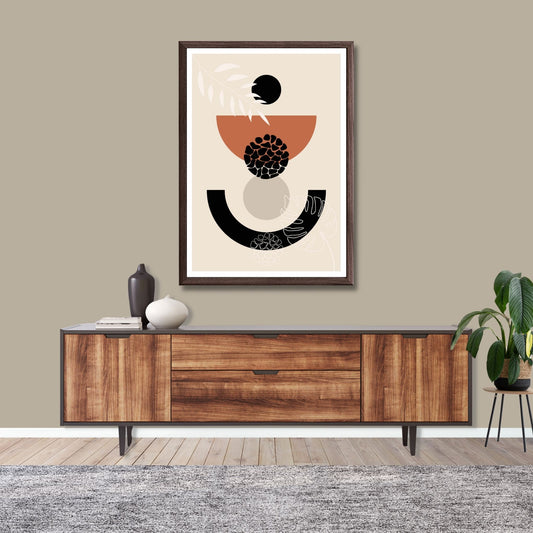 Abstract Shapes No1.2 i sort, beige, rust og hvite fargenyanser. Plakat har en hvit kant om gir dybde og fremhever motivet. Illustrasjon som viser motiv i brun ramme.