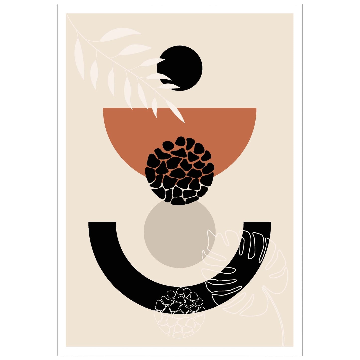 Abstract Shapes No1.2 i sort, beige, rust og hvite fargenyanser. Plakat har en hvit kant om gir dybde og fremhever motivet.
