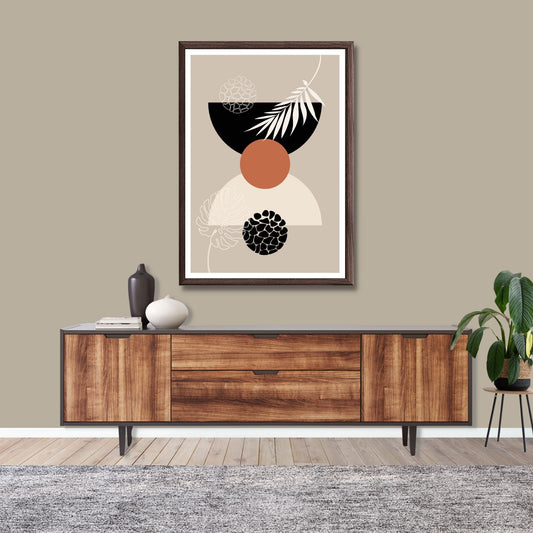 Abstract Shapes No1.3 i sort, beige, rust og hvite fargenyanser. Plakat har en hvit kant om gir dybde og fremhever motivet. Illustrasjon som viser motiv i brun ramme.