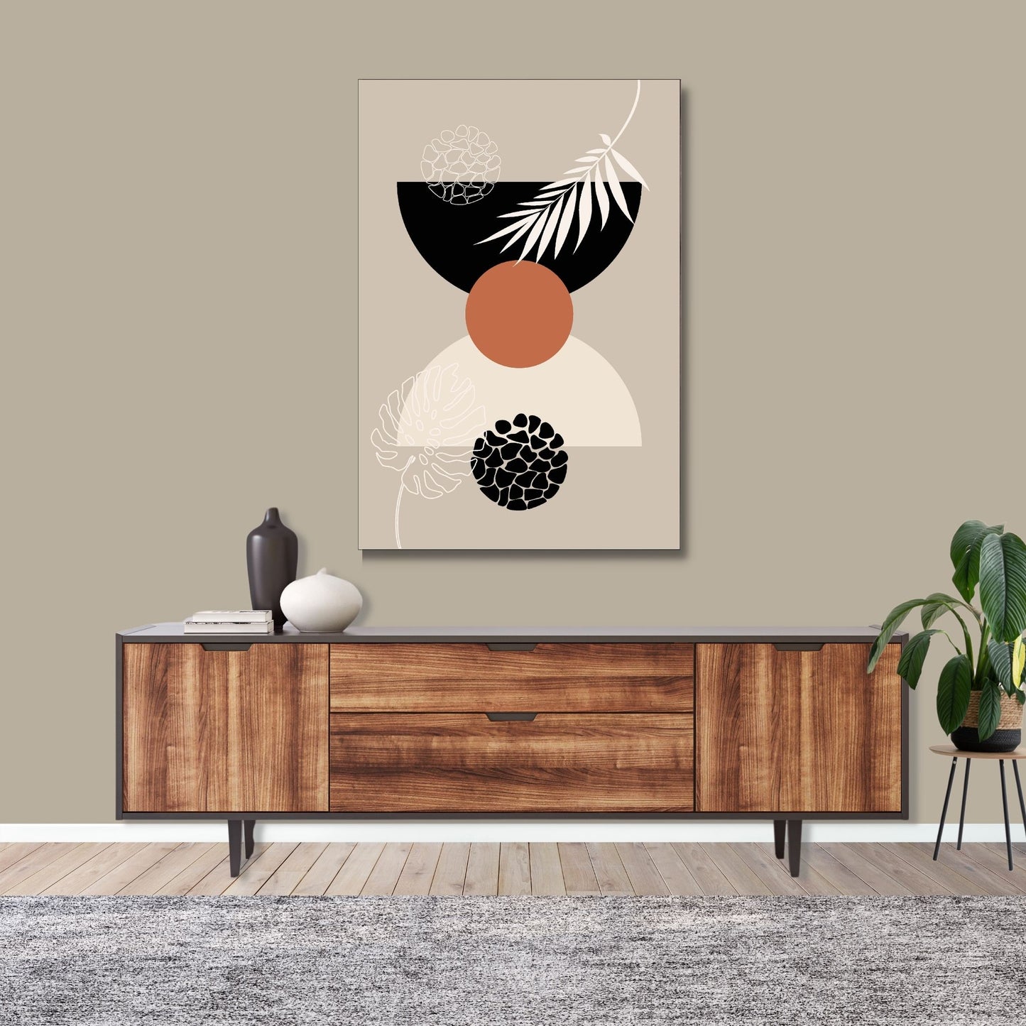 Abstract Shapes No1.3 i sort, beige, rust og hvite fargenyanser. Plakat har en hvit kant om gir dybde og fremhever motivet. Illustrasjon som viser motivpå lerret.