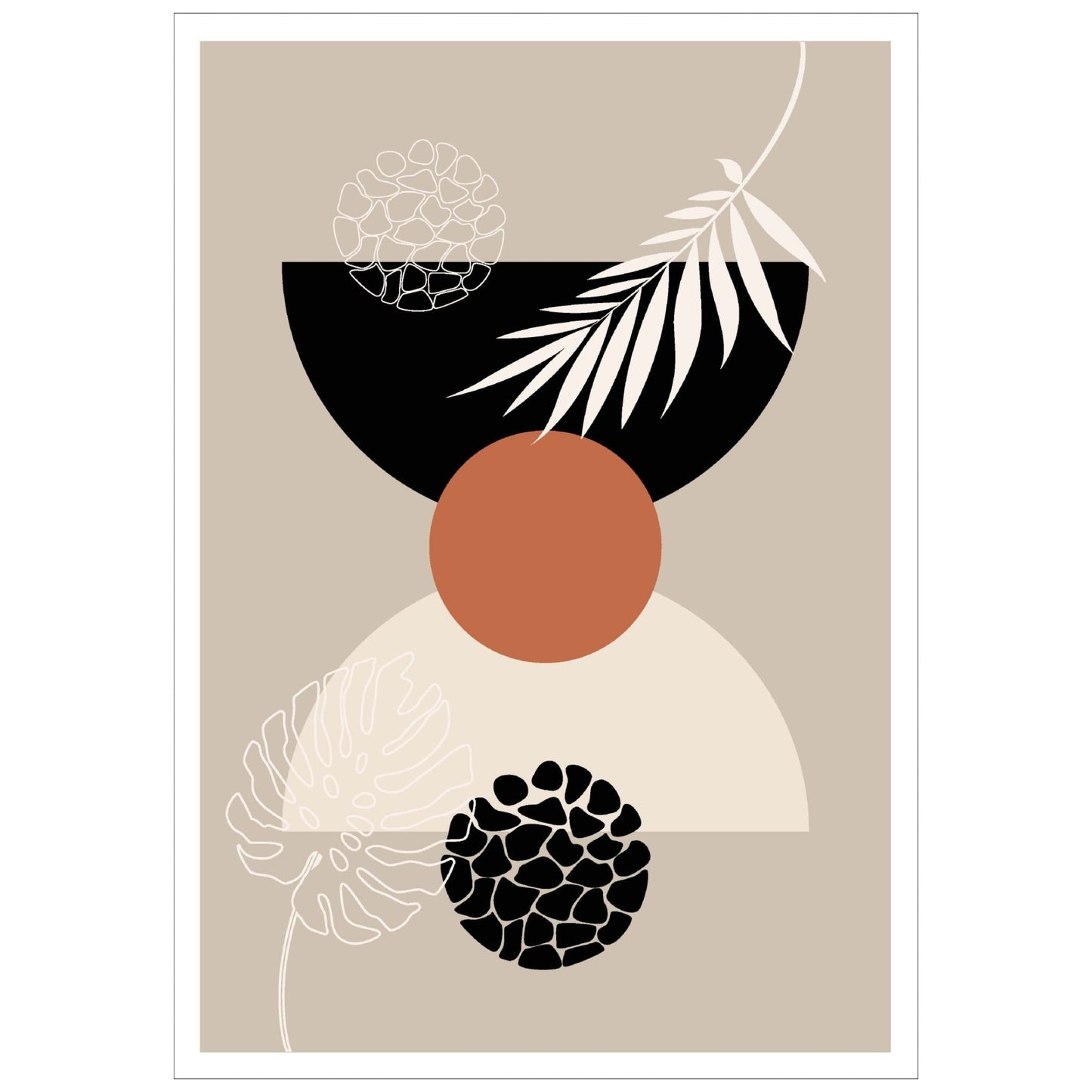 Abstract Shapes No1.3 i sort, beige, rust og hvite fargenyanser. Plakat har en hvit kant om gir dybde og fremhever motivet.