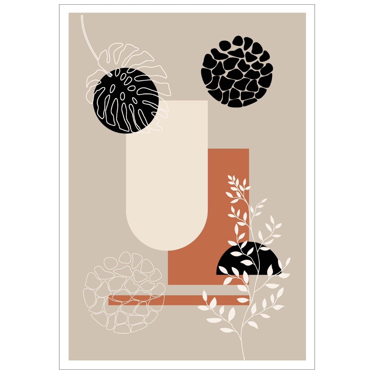 Abstract Shapes No2.1 i sort, beige, rust og hvite fargenyanser. Plakat har en hvit kant om gir dybde og fremhever motivet.