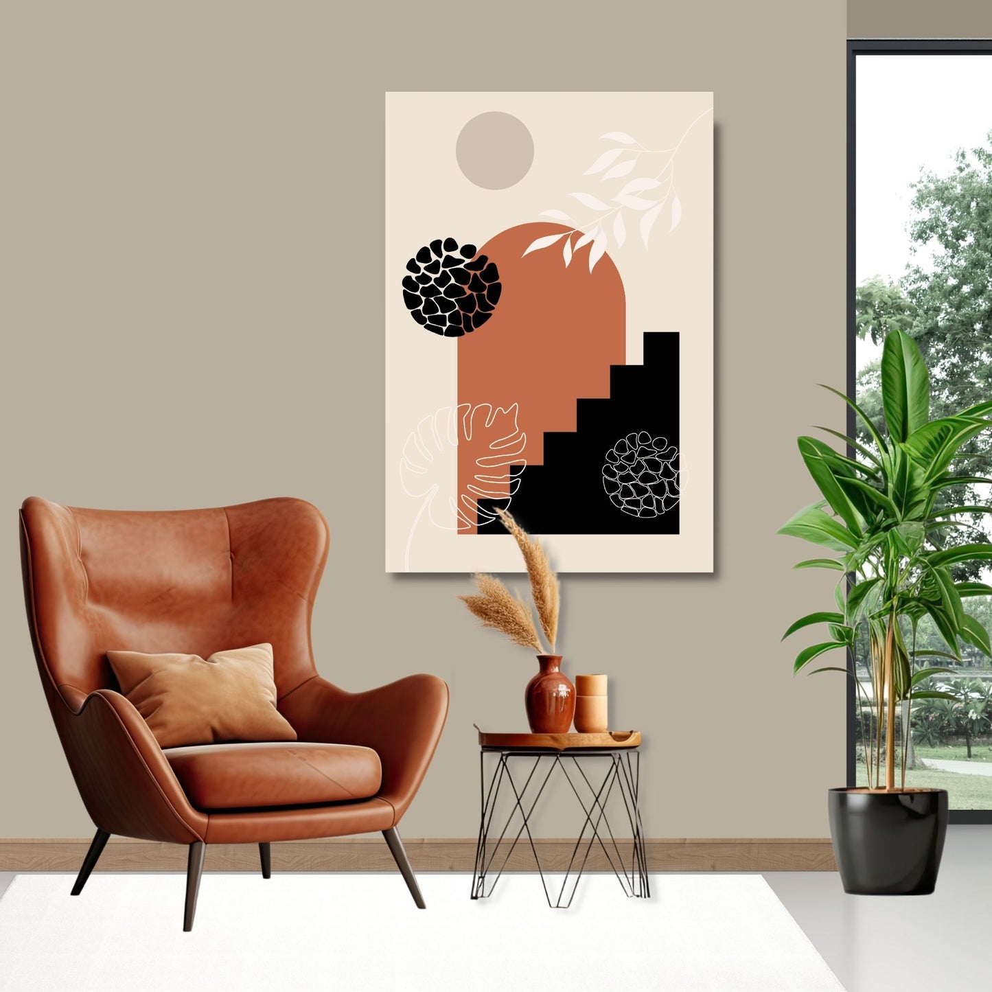 Abstract Shapes No2.2 i sort, beige, rust og hvite fargenyanser. Plakat har en hvit kant om gir dybde og fremhever motivet. Illustrasjon som viser motiv på lerret..