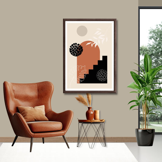 Abstract Shapes No2.2 i sort, beige, rust og hvite fargenyanser. Plakat har en hvit kant om gir dybde og fremhever motivet. Illustrasjon som viser motiv i brun ramme.