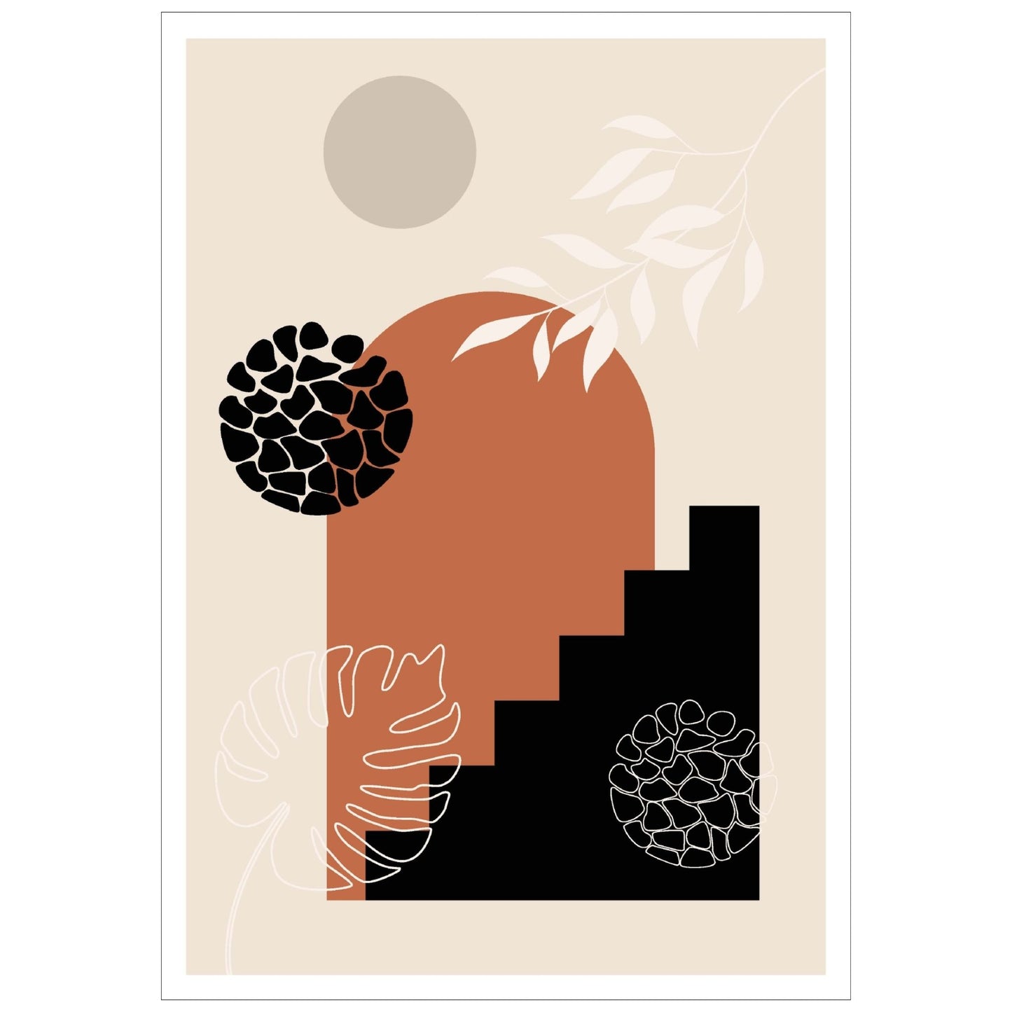 Abstract Shapes No2.2 i sort, beige, rust og hvite fargenyanser. Plakat har en hvit kant om gir dybde og fremhever motivet.