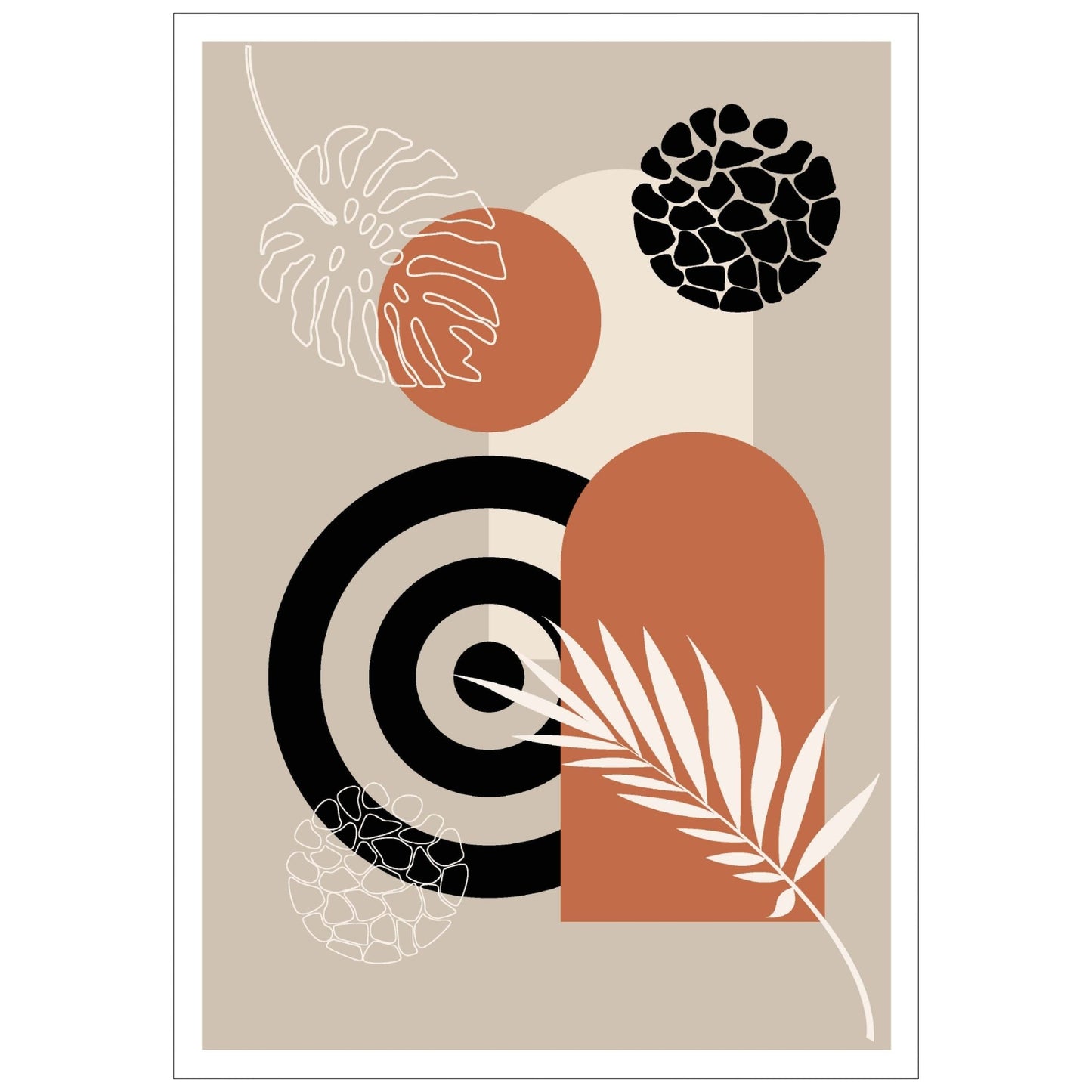 Abstract Shapes No2.3 i sort, beige, rust og hvite fargenyanser. Plakat har en hvit kant om gir dybde og fremhever motivet.