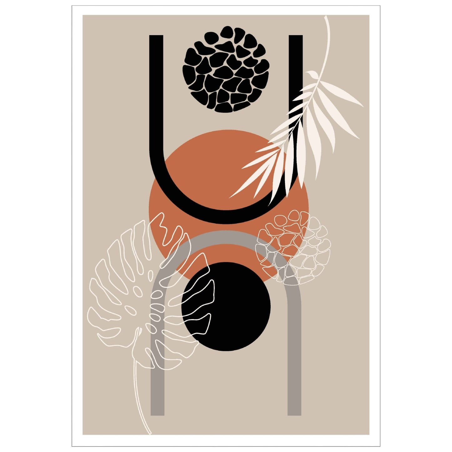 Abstract Shapes No3.1 i sort, beige, rust og hvite fargenyanser. Plakat har en hvit kant om gir dybde og fremhever motivet.