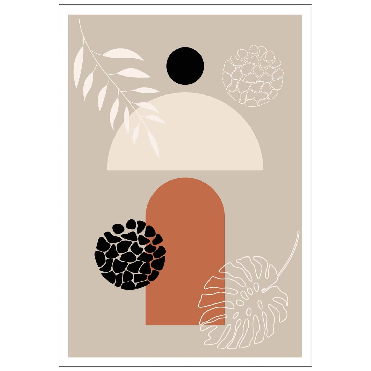 Abstract Shapes No3.3 i sort, beige, rust og hvite fargenyanser. Plakat har en hvit kant om gir dybde og fremhever motivet.