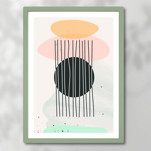 Denne unike plakaten og lerretet kombinerer dristige, geometriske former med myke, pastelaktige nyanser som gir ethvert rom et stilrent og kunstnerisk uttrykk. Illustrasjonsfoto viser motivet som plakat i ramme.