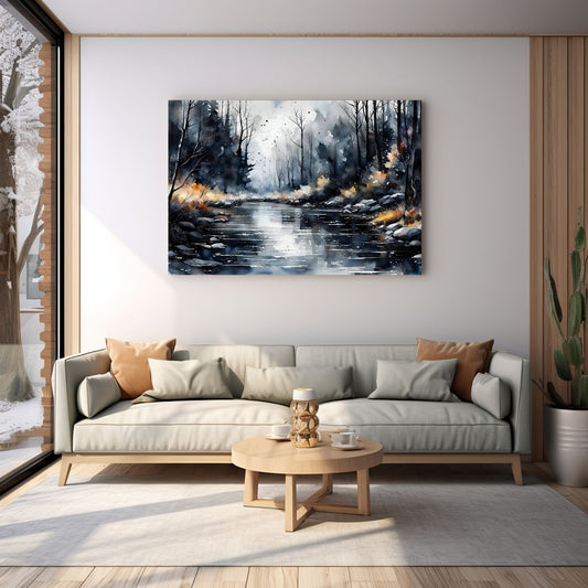Digitalt kunstmaleri i akvarell som fanger essensen av en magisk høstdag, med et blendende landskap av skiftende løvverk, og en sakteflytende elv. Illustrasjonsfoto viser motivet på lerret som henger over en sofa.